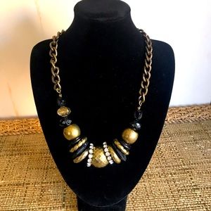 NWT Thalia Sodi Gold Tone Black Beads Silver w/Rhinestones Statement Necklace